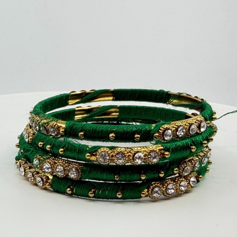 Y2K Emerald Green Rhinestone & Gold-Tone Thread-Wrapped Bangle Set - Picture 3 of 11